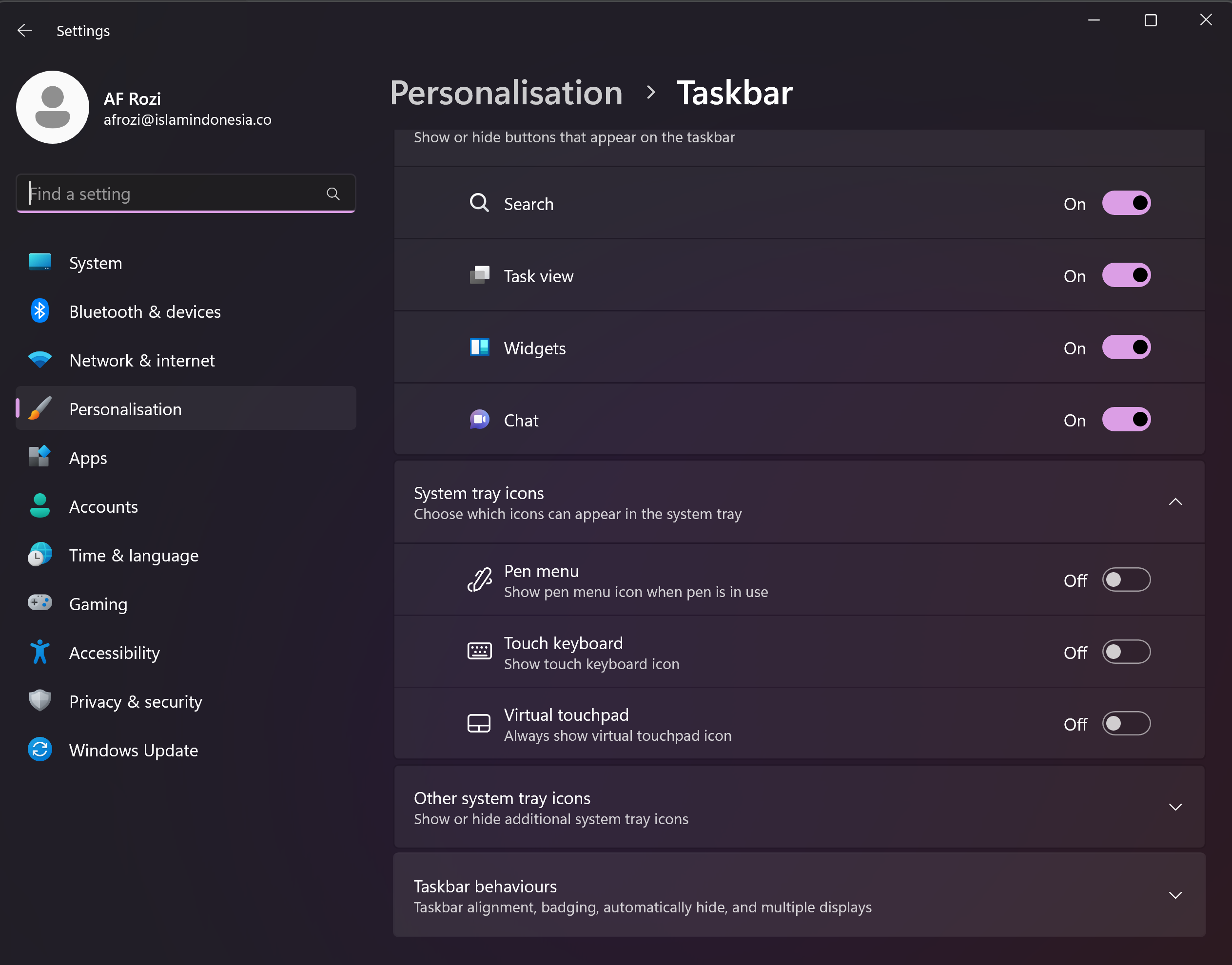 Tampilan Menu Personalisasi Taskbar