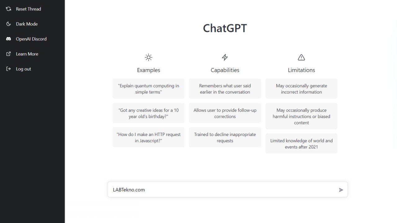 Tampilan Web ChatGPT dari Open AI