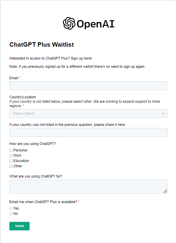 Formulir Daftar Tunggu ChatGPT Plus
